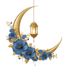 Golden Crescent Moon with Blue Flowers and Lit Lantern isolated on a transparent background