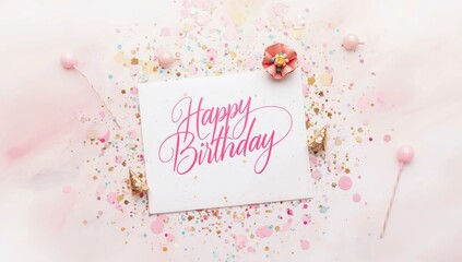 Flat lay featuring a birthday greeting postcard with happy birthday inscription, ideal for digital banners or greeting cards