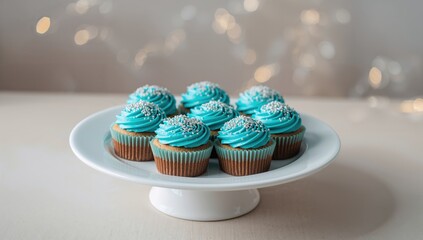 Blue-colored cupcakes topped with silver icing, ideal for party desserts or holiday events