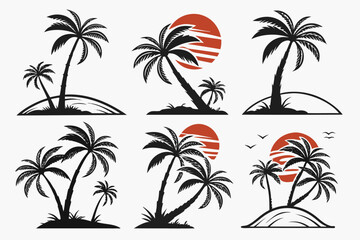 Fototapeta premium Tropical Palm Tree Silhouettes Collection with Sunset and Island Designs