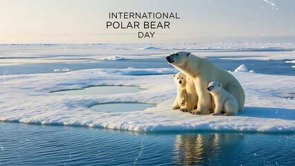 Polar bear and cub sitting on ice floes in arctic waters on international polar bear day