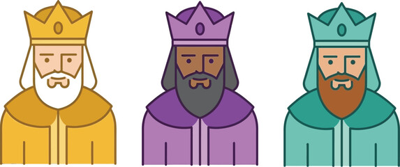Three kings are shown from the chest up. The kings have varied skin and clothing colors and wear crowns