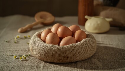 Fresh eggs arranged on a coarse fabric surface for a farm-to-table look, highlighting protein-rich meal options, World Egg Day