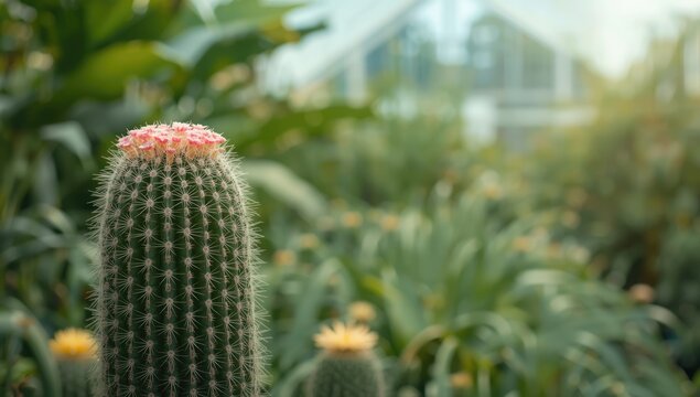 Melocactus azureus displayed in a greenhouse background providing natural pattern for nature-focused decor
