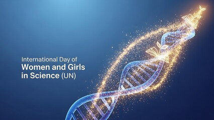 International day of women and girls in science dna double helix structure with glowing particles on blue background