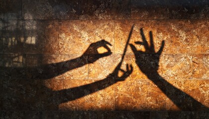 Shadows of two hands with a baton conducting an imaginary orchestra, cast by warm sunlight onto a textured, rustic brown tiled wall in a dramatic display of puppetry