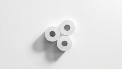 Stack of three white toilet paper rolls against a white backdrop used in bathroom product advertising