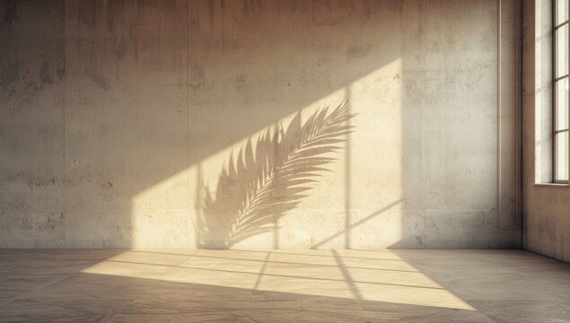 Industrial-style interior featuring a wall with warm earthy hues and a palm leaf shadow, ideal for layout backdrops