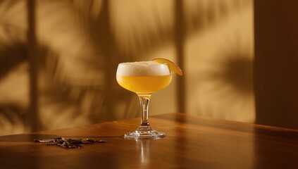 Foamy alcoholic drink with yellow hue and whiskey, showcasing mixology techniques for bar menu photography
