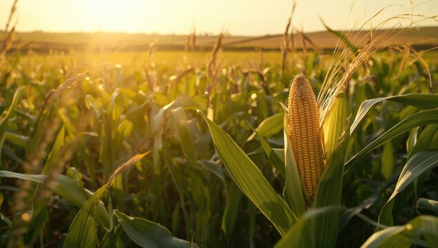 Mature corn plants in a summer crop field, emphasizing growth stage for farming efficiency and harvest timing