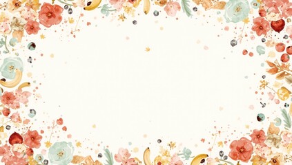 Colorful watercolor fruit pattern featuring bananas and flowers serving as a creative backdrop for kids events and gift wrapping