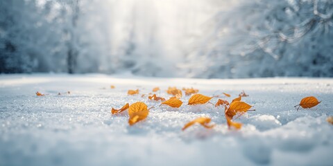 Fallen yellow foliage on light snow, autumn transition with leaf decay and winter onset