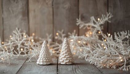 Decorative white cones and Christmas lights on branches over rustic wood, winter holiday display