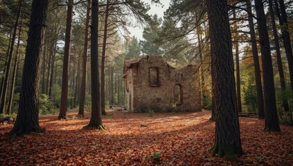 Collapsed wooden structure in a pine forest setting with autumn foliage, highlighting landscape decay and forest environment