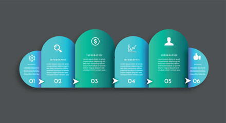 Six step infographic with connected rounded panels forming a horizontal process flow. 