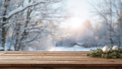Fototapeta premium Weathered wooden surface in a cold winter setting used as a background for seasonal design elements