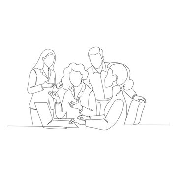 Group of business man and women discussing together, digital business idea, one line art illustrution