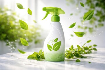 Cleaning spray bottle symbolizing eco friendliness with flying green foliage on a clean bright surface