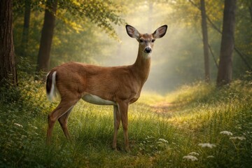 Graceful whitetail deer standing in a serene forest clearing