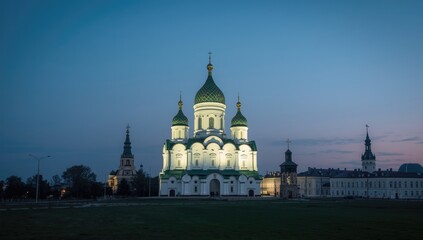 Fototapeta premium Elijah the Prophet Church in Yaroslavl city illuminated at sunset, showcasing traditional religious structure