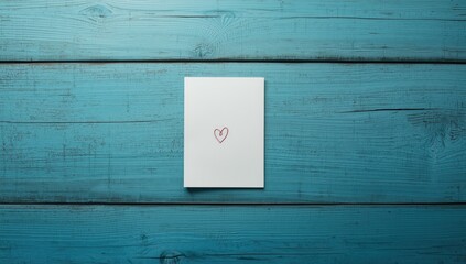 Flat lay of empty paper featuring a heart shape on a blue wooden backdrop, ideal for layout or presentation backgrounds
