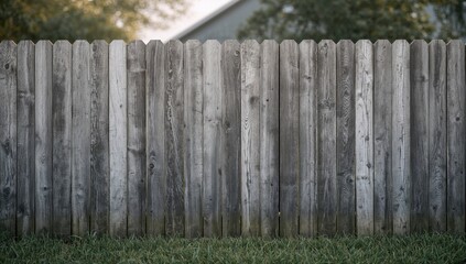 Fototapeta premium Old wooden fence composed of weathered planks used for outdoor privacy, highlighting natural wear