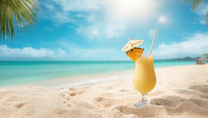 Beachside cocktails under bright sunlight, highlighting holiday refreshment