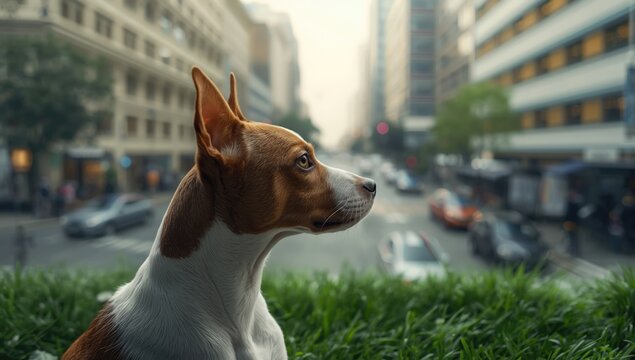 Pensive Jack Russell terrier looking at city street, highlighting urban landscape preservation - Powered by Adobe