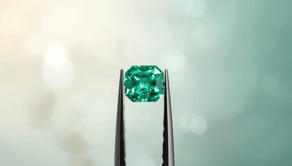 Emerald gemstone in tweezers, emphasizing gemstone extraction and jewelry preparation, Earth Day