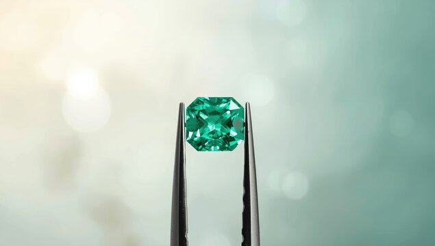 Emerald gemstone in tweezers, emphasizing gemstone extraction and jewelry preparation, Earth Day - Powered by Adobe