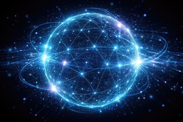 Futuristic  wireframe sphere enhanced by bright particles illustrating digital links