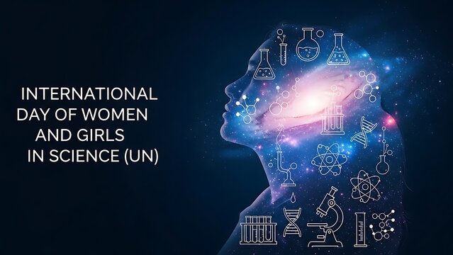 International day of women and girls in science celebration with a human head filled with scientific symbols and galaxy elements