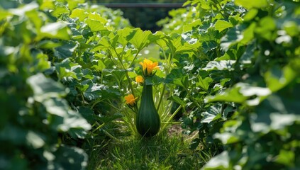 Unripe squash and yellow blossoms on a garden plant, highlighting natural maturation and agriculture progress