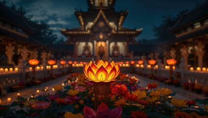 Nighttime Buddhas birthday celebration featuring paper decorations and candles, cultural event