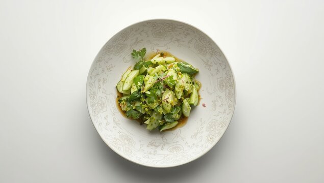 Ceramic plate with smashed cucumber salad from above focusing on textured vegetables, ideal for layout use