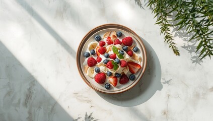 Colorful fruit salad topped with milk and strawberries arranged on a white surface, healthy eating habits, International Day of Awareness about Food Loss and Waste