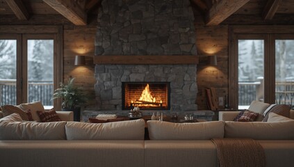 Obraz premium Blurred rustic lodge living room scene with warm fireplace and cozy decor, ideal for editorial header backgrounds