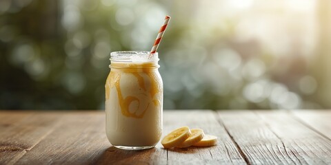 Banana smoothie in a jar on a table, healthy beverage choice for breakfast, World Health Day