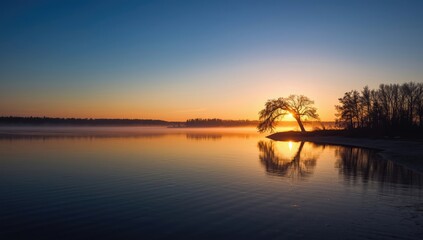 Dawn over the Yenisei River, showcasing tranquil water and early daylight