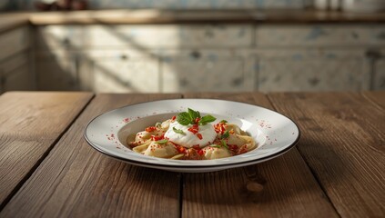 Manti Turkish dumplings topped with yogurt, highlighting cultural food presentation and serving style