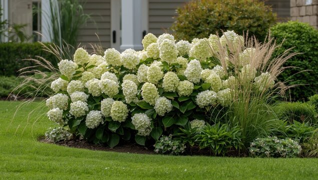 Colorful hydrangea bushes in late summer adding visual interest to a landscaped yard, Earth Day