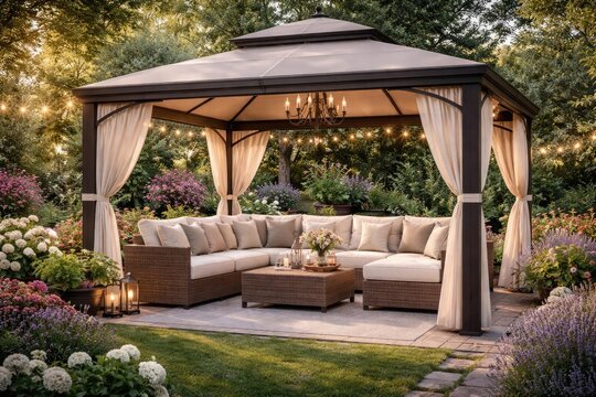 Outdoor garden comfort with a large gazebo and cushioned sofa
