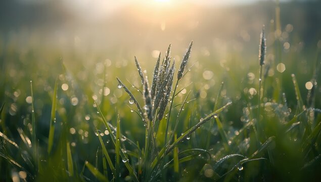 Morning dew on meadow plants, highlighting seasonal growth and water retention, Earth Day - Powered by Adobe