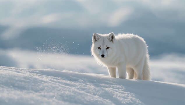 Arctic fox resting on snow in the Pyramiden area of Svalbard, winter ecosystem
