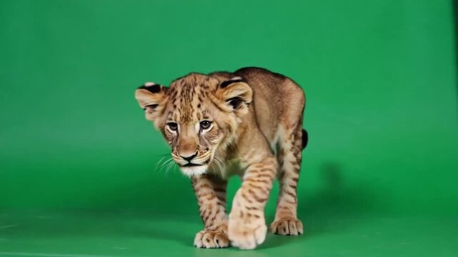 Adorable lion cub sitting and walking on green screen, cute young predator animation for educational content