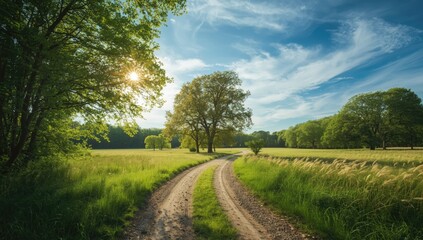 Forest pathway surrounded by vibrant spring grass and tall trees, suitable for hiking and outdoor activities