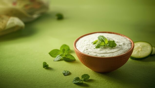 Yogurt-based sauce with cucumber and mint, placed on a green background, ideal for enhancing Mediterranean cuisine