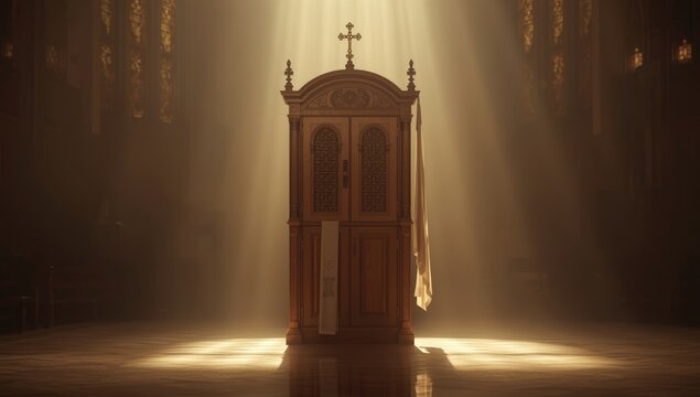 Small confessional enclosure in a church setting, designed for private religious confession