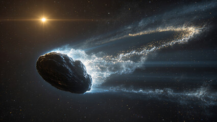 Dark comet nucleus or asteroid as sun's intense solar heat ignites explosive outgassing creating a luminous coma and sweeping dust and ion tails across deep space in a realistic cinematic science
