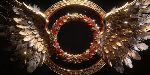 Elegant circular golden and red wreath frame with symmetrical angel wings, highly detailed metallic feathers and ornate baroque engravings